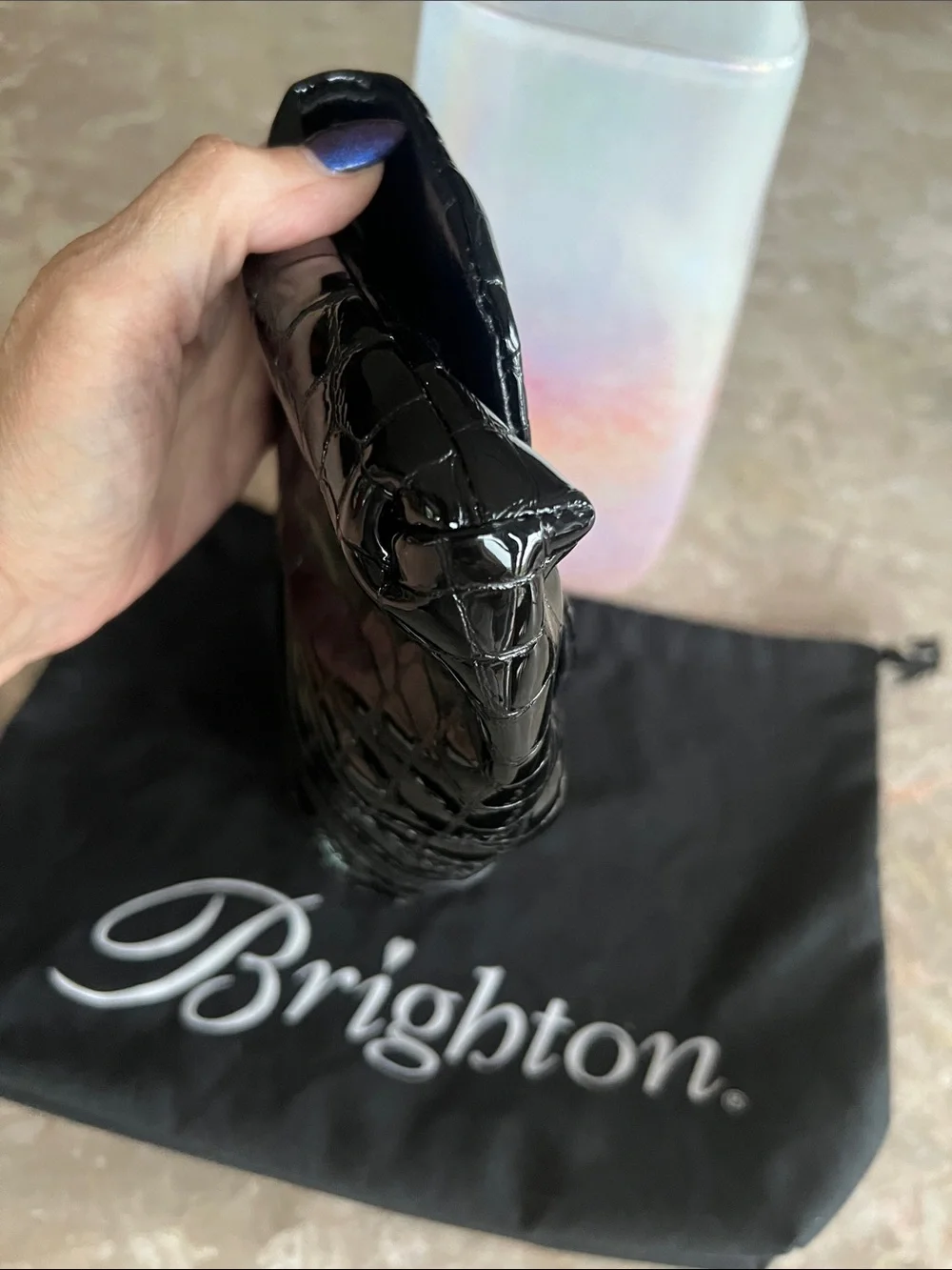 Brighton Black Croc-Embossed Patent Clutch/Crossbody with Silver Accents - Picture 3 of 8